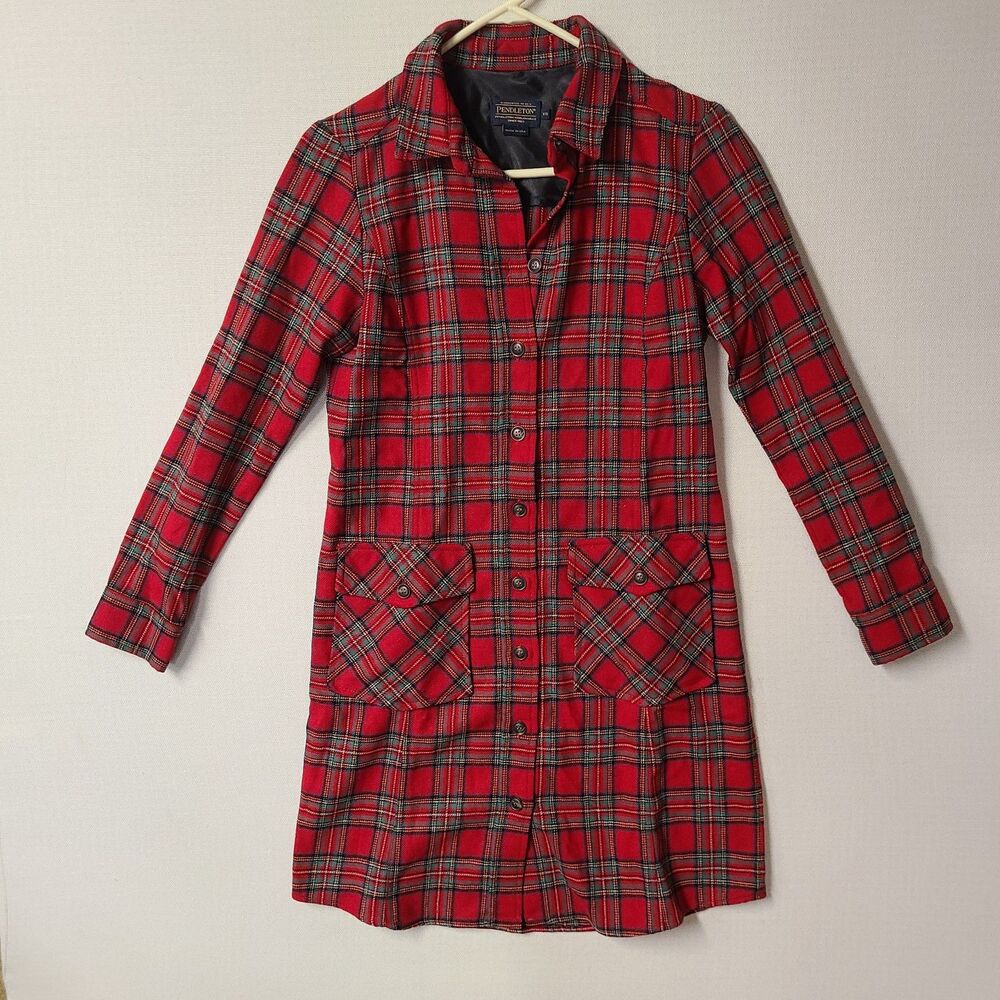 Pendleton Red Tartan Plaid Wool Button Front Midi Shirt Dress Pockets XS USA
